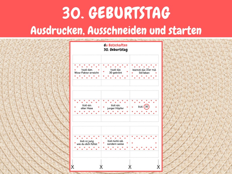 K&ouml;nnte beinhalten: Druckbare Karten mit roten Herzen und schwarzem Text, die "du Botschaften 30. Geburtstag" sagen und S&auml;tze wie "hast den Wow-Faktor erreicht" und "bist so jung wie du dich f&uuml;hlst" enthalten.
