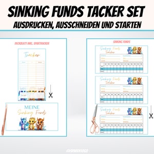 Puede incluir: Conjunto de seguimiento de fondos de hundimiento imprimible con un tema de drag&oacute;n. El conjunto incluye una hoja de portada con el texto "Sinking Funds Tracker Set" y "Ausdrucken, Ausschneiden und Starten" y tres hojas de seguimiento con el texto "Sinking Funds Tracker".