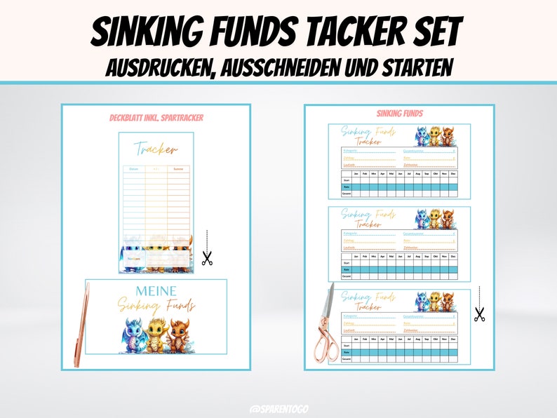 Puede incluir: Conjunto de seguimiento de fondos de hundimiento imprimible con un tema de drag&oacute;n. El conjunto incluye una hoja de portada con el texto "Sinking Funds Tracker Set" y "Ausdrucken, Ausschneiden und Starten" y tres hojas de seguimiento con el texto "Sinking Funds Tracker".