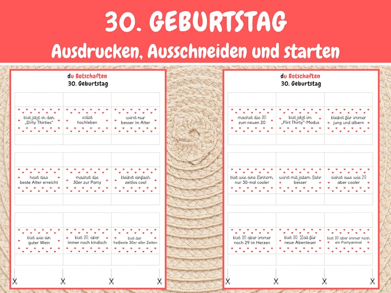 K&ouml;nnte beinhalten: Druckbare Spielkarten zum 30. Geburtstag mit roten Herzen und wei&szlig;em Text. Die Karten haben verschiedene Botschaften zum 30. Geburtstag, wie z. B. "Man ist nur einmal 30!" und "Man wird mit dem Alter besser!"