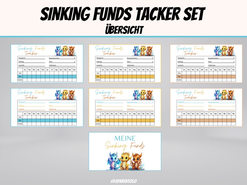Puede incluir: Un conjunto de seis rastreadores de fondos de hundimiento imprimibles con un dise&ntilde;o de drag&oacute;n y huevo de drag&oacute;n. Los rastreadores est&aacute;n etiquetados como "Sinking Funds Tracker" y tienen una secci&oacute;n para "Categor&iacute;a", "Objetivo", "Total", "Fecha" y "Cantidad". Los rastreadores est&aacute;n dise&ntilde;ados para ayudar a las personas a ahorrar dinero para objetivos espec&iacute;ficos.