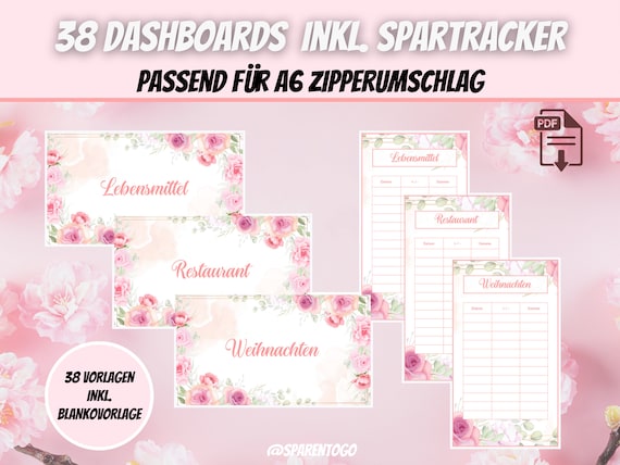 38 Deckblätter (Dashboards) inkl. Sinking Funds Tracker passend für A6 Geldumschläge & A6 Cash Binders für Umschlagmethode im Budget Binder