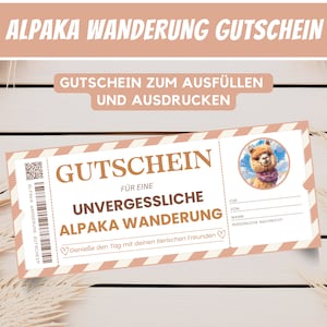 Personalisierter Gutschein Alpaka Wanderung Geschenkgutschein Alpaka Ausflug Gutscheinkarte, Geschenk Mädchen, Gutschein zum Ausdrucken