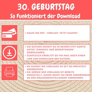 K&ouml;nnte beinhalten: Eine rote und wei&szlig;e Grafik mit dem Text "30. Geburtstag" und "So Funktioniert der Download". Die Grafik erkl&auml;rt, wie man ein digitales Produkt herunterl&auml;dt, das auf Etsy gekauft wurde. Die Grafik enth&auml;lt Symbole f&uuml;r eine Kreditkarte, einen Download-Pfeil und einen Drucker.