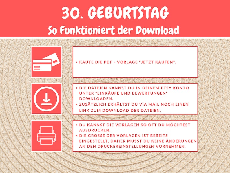 K&ouml;nnte beinhalten: Eine rote und wei&szlig;e Grafik mit dem Text "30. Geburtstag" und "So Funktioniert der Download". Die Grafik erkl&auml;rt, wie man ein digitales Produkt herunterl&auml;dt, das auf Etsy gekauft wurde. Die Grafik enth&auml;lt Symbole f&uuml;r eine Kreditkarte, einen Download-Pfeil und einen Drucker.
