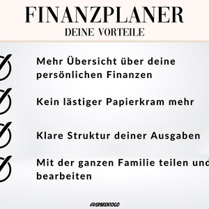 May include: A checklist with four checkmarks highlighting the benefits of using a financial planner. The benefits include: more overview of personal finances, no more paperwork, clear structure of expenses, and the ability to share and edit with the whole family.