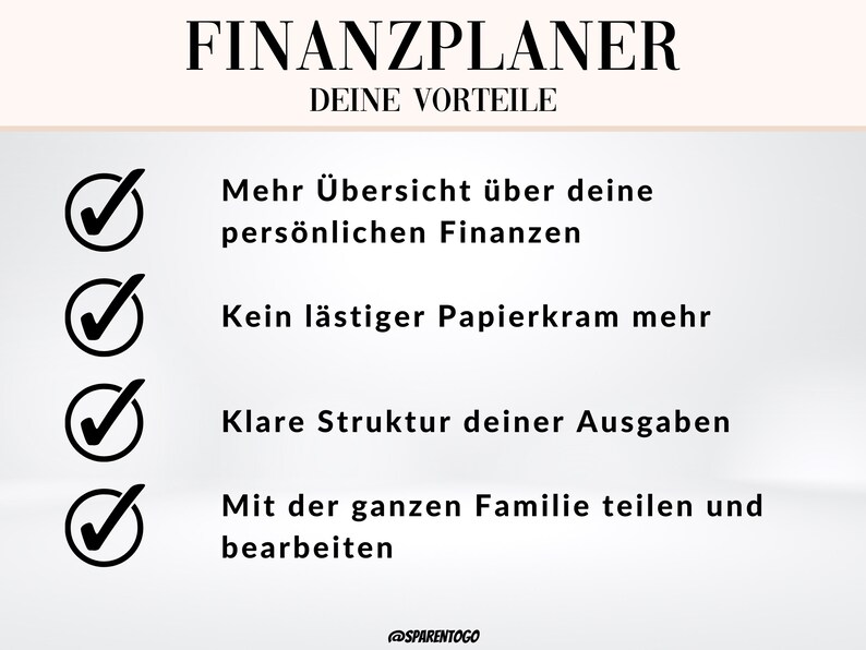May include: A checklist with four checkmarks highlighting the benefits of using a financial planner. The benefits include: more overview of personal finances, no more paperwork, clear structure of expenses, and the ability to share and edit with the whole family.