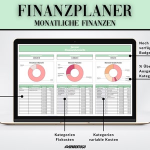 Pode incluir: Um ecr&atilde; de computador port&aacute;til que mostra uma folha de c&aacute;lculo com um fundo verde e o t&iacute;tulo "FINANZPLANER MONATLICHE FINANZEN". A folha de c&aacute;lculo inclui um gr&aacute;fico circular intitulado "Einnahmen &Uuml;bersicht" e uma tabela com colunas para "M&ecirc;s", "Receitas", "Custos fixos", "Custos vari&aacute;veis" e "Saldo".