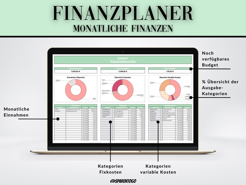 Pode incluir: Um ecr&atilde; de computador port&aacute;til que mostra uma folha de c&aacute;lculo com um fundo verde e o t&iacute;tulo "FINANZPLANER MONATLICHE FINANZEN". A folha de c&aacute;lculo inclui um gr&aacute;fico circular intitulado "Einnahmen &Uuml;bersicht" e uma tabela com colunas para "M&ecirc;s", "Receitas", "Custos fixos", "Custos vari&aacute;veis" e "Saldo".