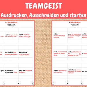 May include: A printable set of cards with German text about teamwork. The cards are red and white with black text. The text on the cards includes phrases like "Teamgeist" and "Team Unschlagbar".