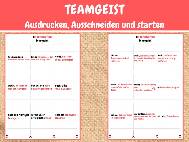 May include: A printable set of cards with German text about teamwork. The cards are red and white with black text. The text on the cards includes phrases like "Teamgeist" and "Team Unschlagbar".