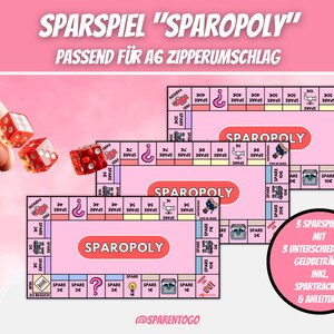 Sparopoly Sparspiel | Sparchallenge inkl. Tracker | Würfel Sparspiel Challenge für den Budget Binder | Passend für A6 Zipperumschlag | PDF