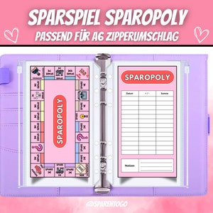 May include: A purple A5 size binder with a pink and white Sparopoly game insert and a pink and white score sheet insert. The game insert has a board with spaces for players to land on and a score sheet for tracking points. The score sheet has columns for date, points, and notes.