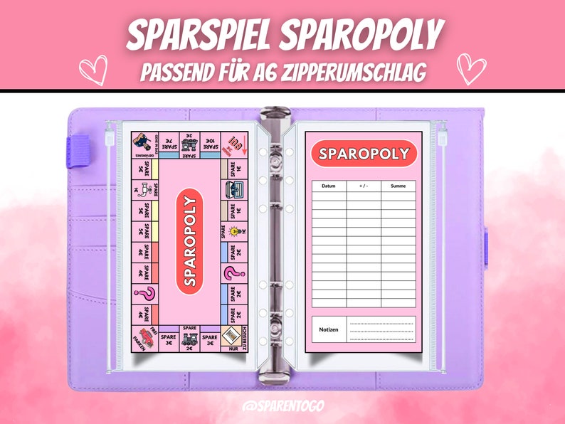 May include: A purple A5 size binder with a pink and white Sparopoly game insert and a pink and white score sheet insert. The game insert has a board with spaces for players to land on and a score sheet for tracking points. The score sheet has columns for date, points, and notes.