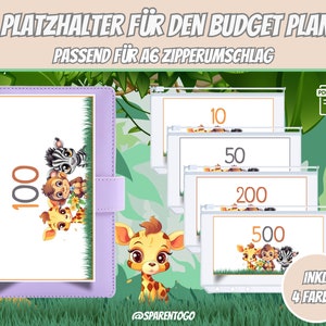 Budget Platzhalter Geldscheine Baby Safari für A6 Umschläge, Budgeting Platzhalter Set Umschlagmethode im Budget Binder in 4 Farben, PDF