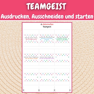 Puede incluir: Una hoja imprimible de tarjetas coloridas con el texto "du Botschaften Teamgeist" en la parte superior. Las tarjetas tienen diferentes frases, como "bust der Team-Koon der Erfolge w&uuml;rst" y "bust der Jam-Surfer der Erfolgswelle reitet".