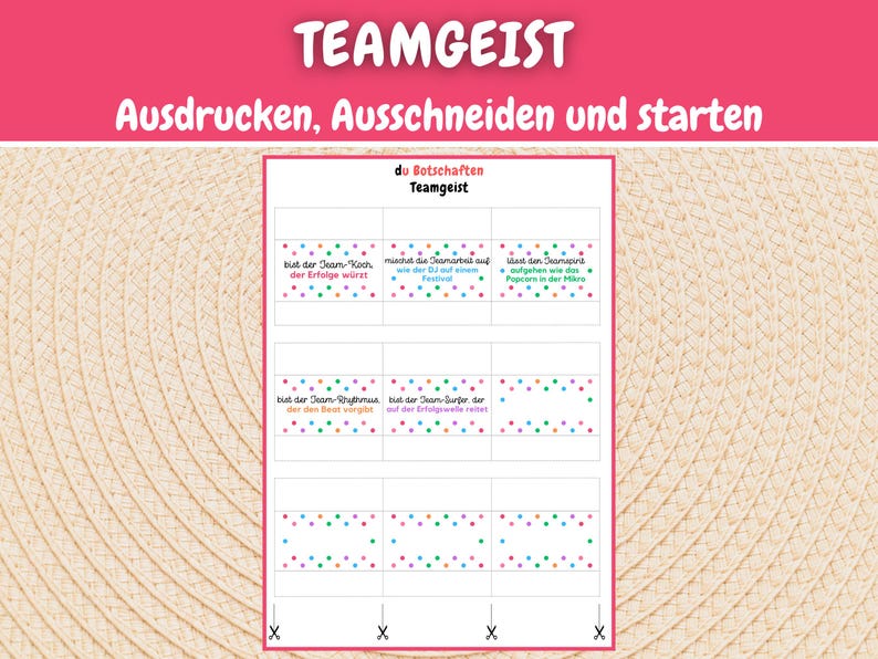 Puede incluir: Una hoja imprimible de tarjetas coloridas con el texto "du Botschaften Teamgeist" en la parte superior. Las tarjetas tienen diferentes frases, como "bust der Team-Koon der Erfolge w&uuml;rst" y "bust der Jam-Surfer der Erfolgswelle reitet".