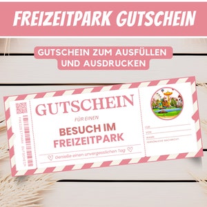 Voucher pretpark-voucherkaart, pretpark-cadeaubon om af te drukken, kermisvoucher-sjabloon, cadeau-idee voor jonge meisjes