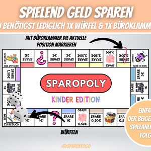 May include: A colorful board game called "Sparopoly Kinder Edition" with a pink piggy bank, a treasure chest, and a train. The game is designed to help children learn about saving money. The game board is made of cardboard and has a white background with colorful squares. The game pieces are made of plastic and are shaped like a piggy bank, a treasure chest, and a train. The game includes a dice and a set of instructions.