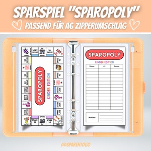 May include: A pink and orange binder with a white sheet inside. The sheet has a game board with the title "Sparopoly Kinder Edition". The game board has spaces for players to land on and a scorecard on the right side of the sheet.