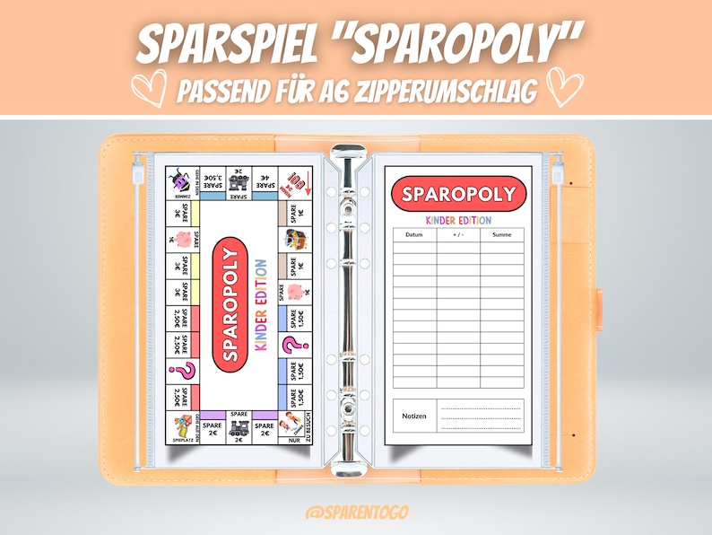 May include: A pink and orange binder with a white sheet inside. The sheet has a game board with the title "Sparopoly Kinder Edition". The game board has spaces for players to land on and a scorecard on the right side of the sheet.