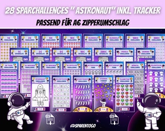 Savings Challenge A6 come set di libri economici per il download digitale, astronauta, metodo busta raccoglitore di risparmio con cerniera per imbottitura in contanti | Piccolo spicciolo tedesco