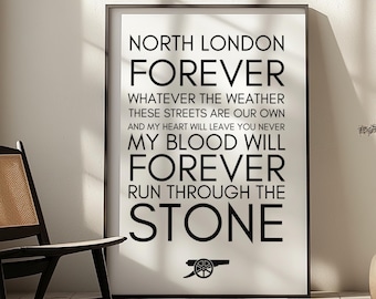 North London Forever Arsenal Print | Louis Dunford “The Angel” Lyric Poster | Football Fan Gift