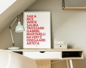 Arsenal 2023-24 speler muur decor voetbal typografie kunst voor Arsenal fan poster