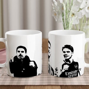 Arsenal 11oz Mug, Stylish Arsenal Fan Mug, Mikel Arteta, Declan Rice, Martin Odegaard, Black and White Mug