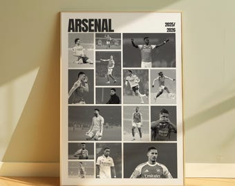 Arsenal Squad Poster 2025–2026 Black and White Football Collage Print