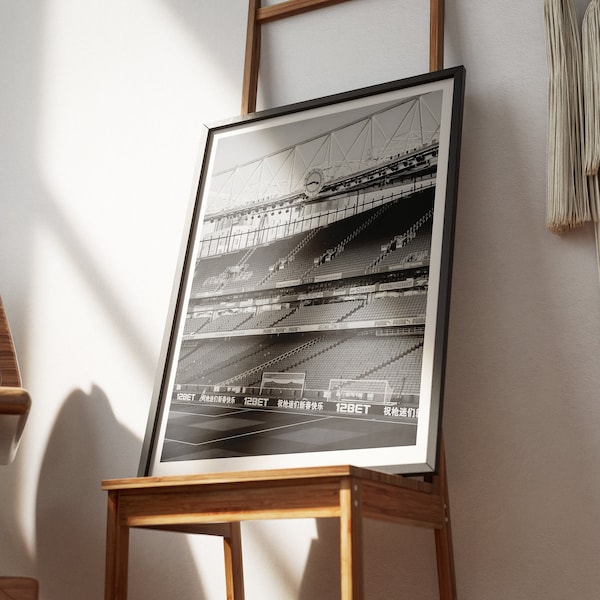 Emirates Stadium Poster Print, Arsenal Football Stadium, Football Stadium Print, Clock End, Monochrome Framed Print