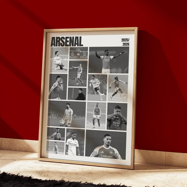 Arsenal 2025–2026 Squad Collage Poster, Monochrome Football Wall Art ...