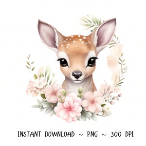 Deer PNG, Deer Clip Art, Deer Flowers Watercolor Sublimation Design, Baby Shower Design, First Birthday, Digital Download Spring png