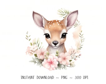 Deer PNG, Deer Clip Art, Deer Flowers Watercolor Sublimation Design, Baby Shower Design, First Birthday, Digital Download Spring png