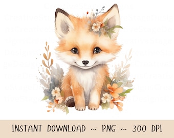 Cute baby fox png files for sublimation | fox watercolor orange| png files for tumbler | fox png | Watercolor animal png | png file