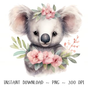 Koala PNG, ClipArt Koala, Design a sublimazione dell'acquerello di fiori, Design per baby shower, Primo compleanno, Download digitale Primavera png