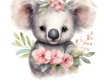 Koala PNG, Koala Clip Art, Flower Watercolor Sublimation Design, Baby Shower Design, First Birthday, Digital Download Spring png