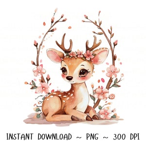 Deer PNG, Deer Clip Art, Deer Flowers Watercolor Sublimation Design, Baby Shower Design, Primeiro aniversário, Download digital Primavera png