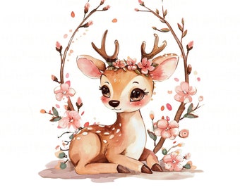 Deer PNG, Deer Clip Art, Deer Flowers Watercolor Sublimation Design, Baby Shower Design, First Birthday, Digital Download Spring png