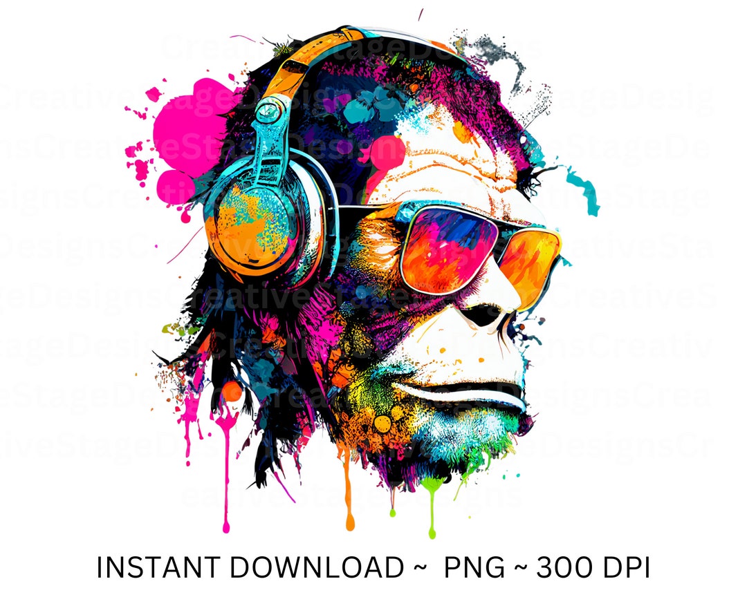 Pop Art Monkey Headphones Png Files for Sublimation Monkey Acid Pop Png