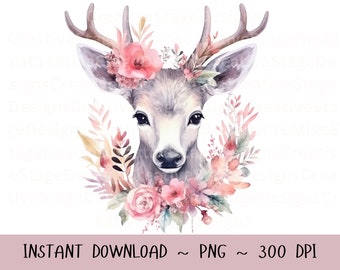 Deer PNG, Deer Clip Art, Deer Flowers Watercolor Sublimation Design, Baby Shower Design, First Birthday, Digital Download Spring png