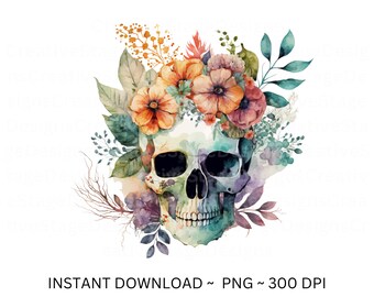 Skull Png Files for Sublimation | flowers watercolor | png files for tumbler | skull png | Watercolor animal png | png file
