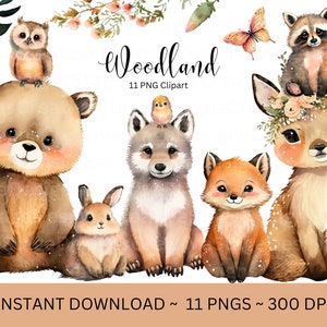 Animaux des bois PNG, Clip Art, animaux des bois ours aquarelle renard Sublimation Design, cerf, conception de douche de bébé, premier anniversaire, téléchargement numérique