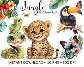 Jungle Animals PNG, Clip Art, Forest Animals Leopard Watercolor Sublimation Design, Baby Shower Design, First Birthday, Digital Download