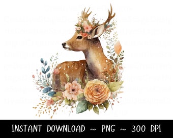 Deer PNG, Deer Clip Art, Deer Flowers Watercolor Sublimation Design, Baby Shower Design, First Birthday, Digital Download Spring png