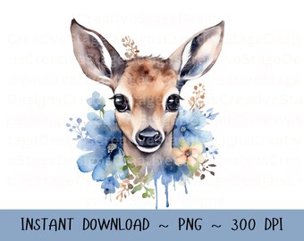 Deer PNG, Deer Clip Art, Deer Flowers Watercolor Sublimation Design, Baby Shower Design, First Birthday, Digital Download Spring png