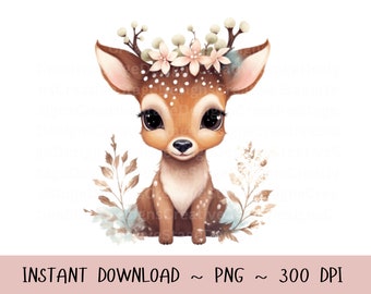 Baby Deer PNG, Deer Clip Art, Deer Flowers Watercolor Sublimation Design, Baby Shower Design, First Birthday, Digital Download Spring png