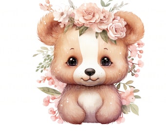 Bear PNG, Bear Clip Art, Floral Watercolor Sublimation Design, Sublimation File, First Birthday, Digital Download Spring png