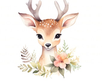 Deer PNG, Deer Clip Art, Deer Flowers Watercolor Sublimation Design, Baby Shower Design, First Birthday, Digital Download Spring png