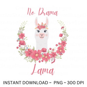 No Drama Llama PNG Sublimation Design Télécharger Sublimation de lama, lama png, sublimation de texte, fleur de lama png, png vintage